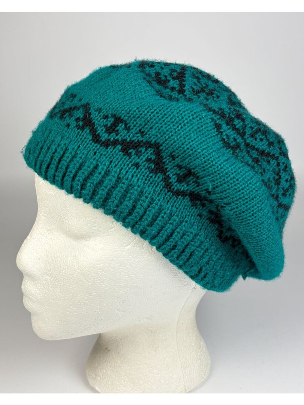 Vintage Y2K Knit Beret Hat Teal Black Nordic Pattern Acrylic One Size Fits All
